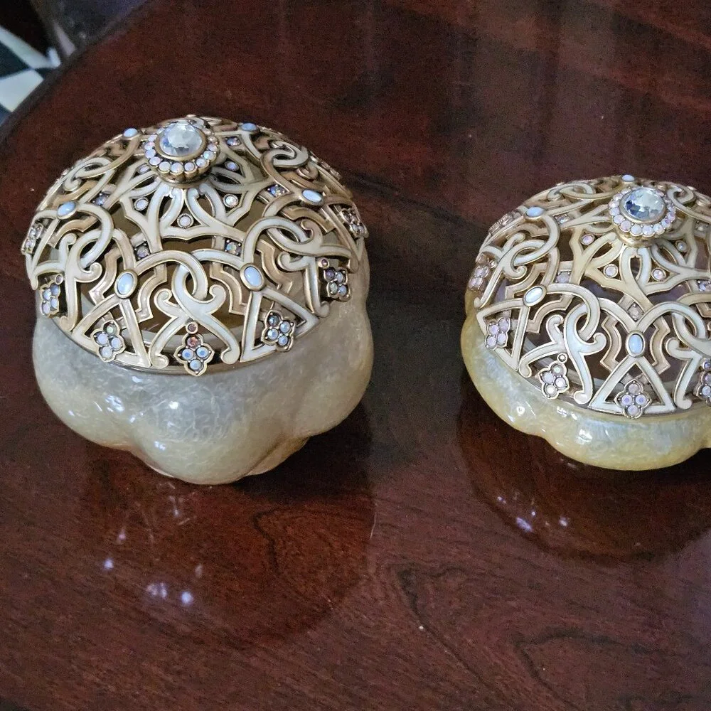 RARE SET 3 JAY STRONGWATER ARABESQUE GOLD CRYSTAL ENAMEL VANITY JAR CANISTER BOX